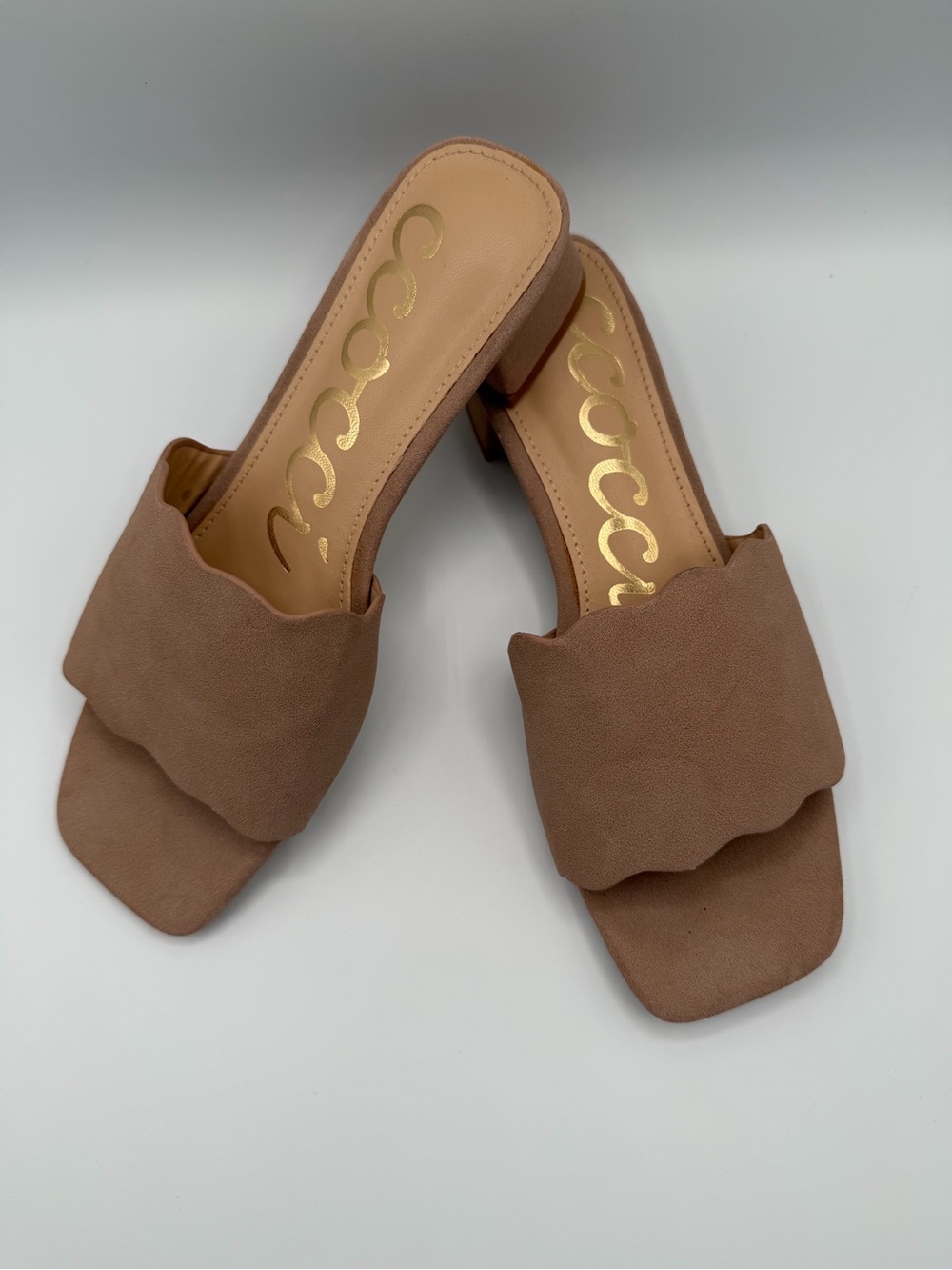 CCOCCI Tan Scalloped Suede Slide Heels for Women